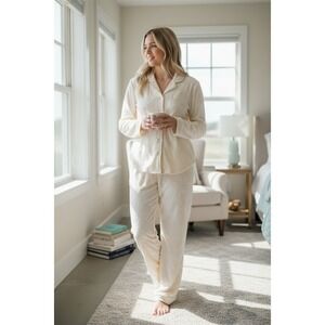 Flora by Flora Nikrooz Pajama Set Womens XL Ivory Bow Print Button-Up cozycore